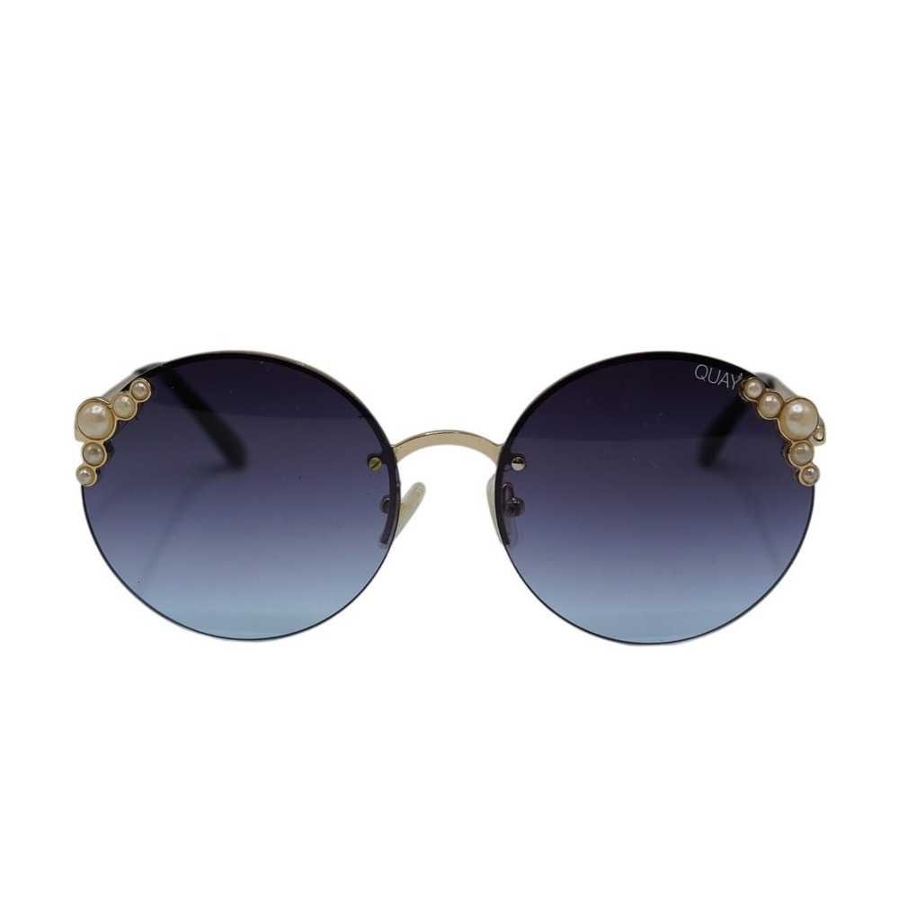 Quay Sunglasses I'm Rich Gold Frames/Smokey Blue Lenses W/Pearls